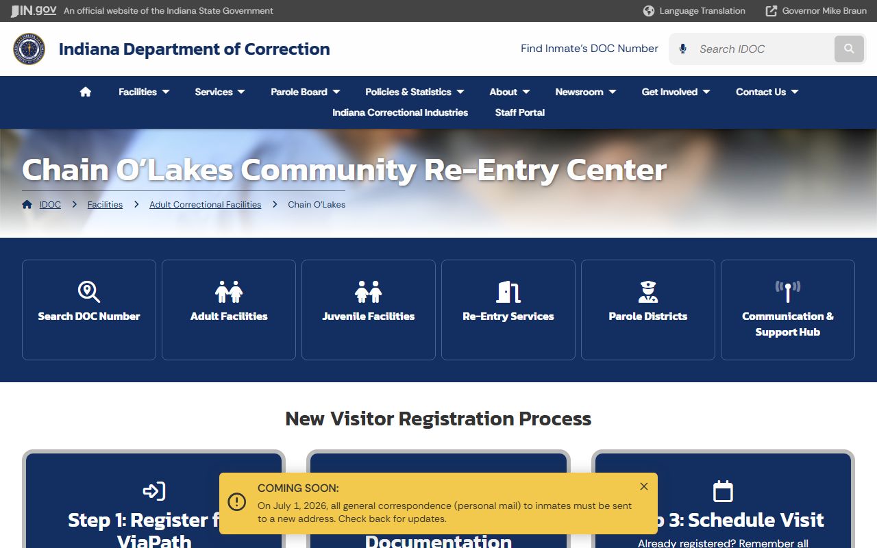 Chain O'Lakes Community Re-Entry Center IDOC facility page for inmate search