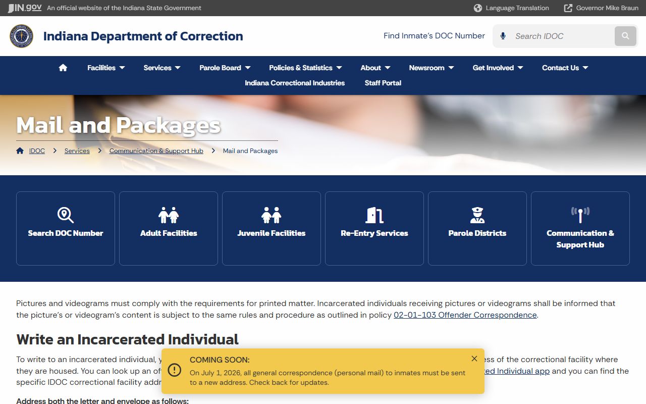 IDOC mail rules for Chain O'Lakes Community Re-Entry Center inmate mail
