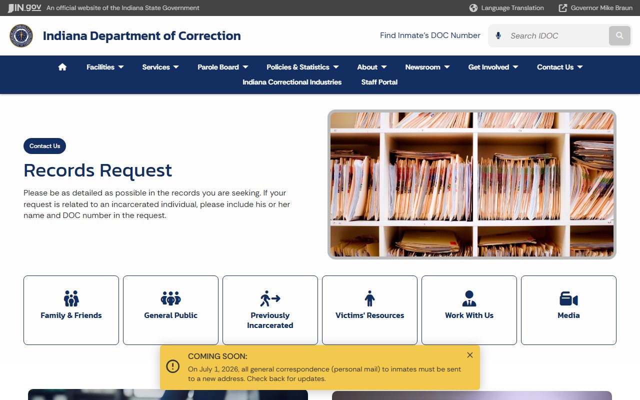 IDOC records request page for Chain O'Lakes Community Re-Entry Center records