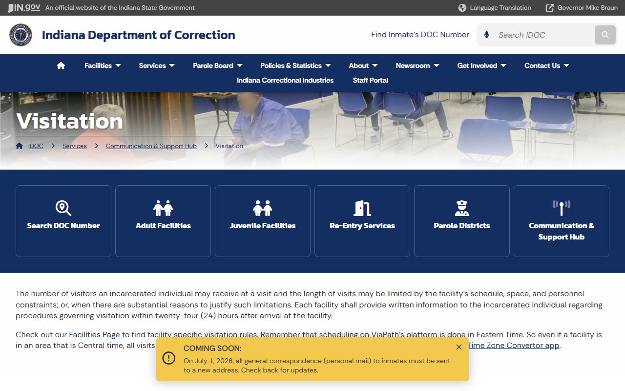 IDOC visitation rules for Chain O'Lakes Community Re-Entry Center visits
