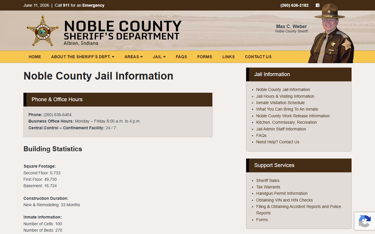 Noble County Jail information page for inmate records and facility capacity