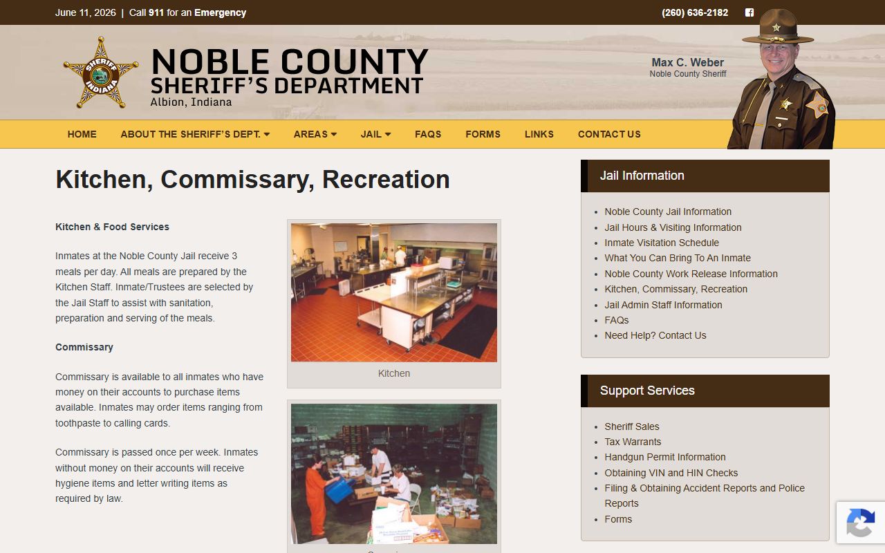 Noble County Jail commissary information for inmate money and supplies
