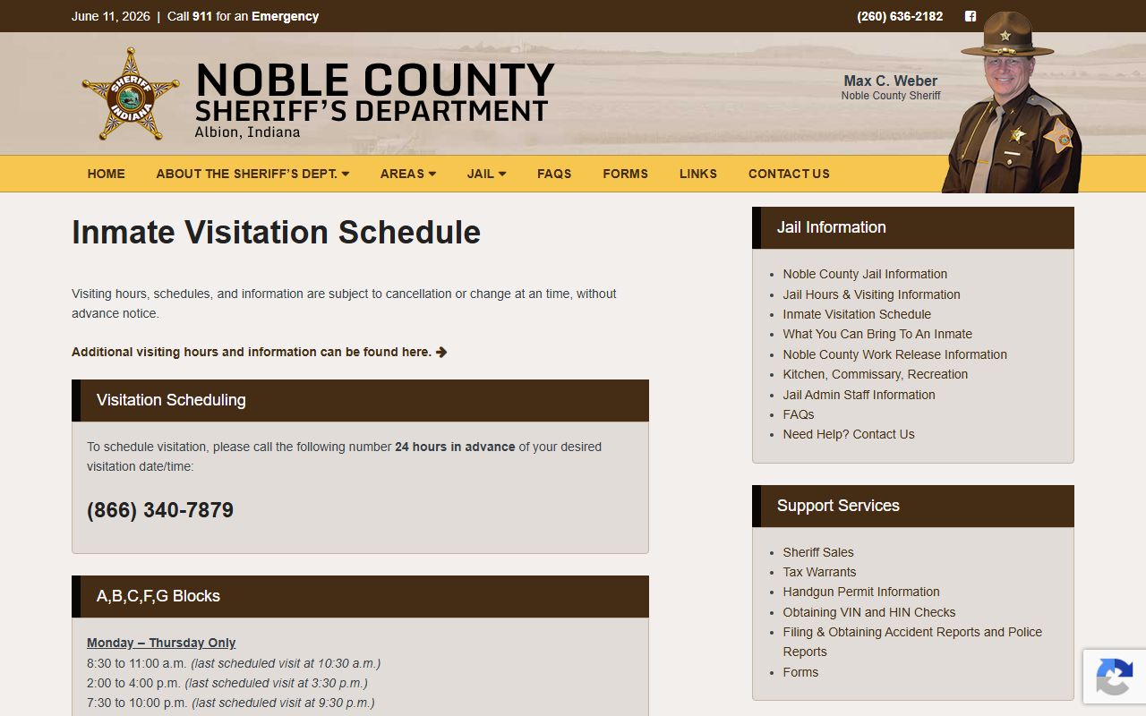 Noble County Jail visitation schedule for inmate visits